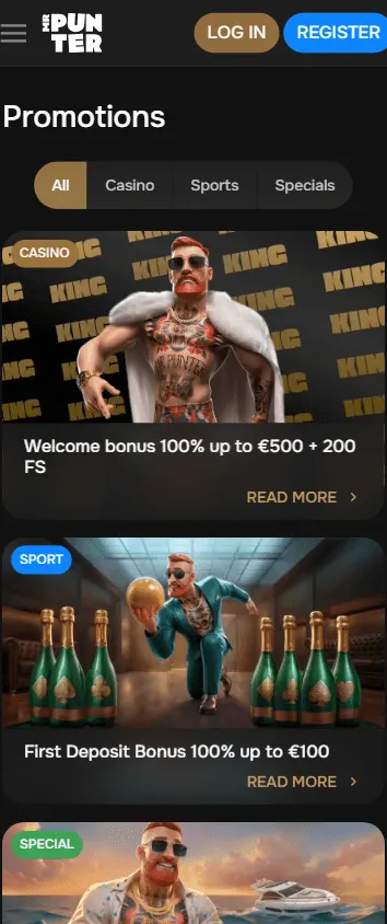 Mrpunter Casino promotions area on a mobile browser